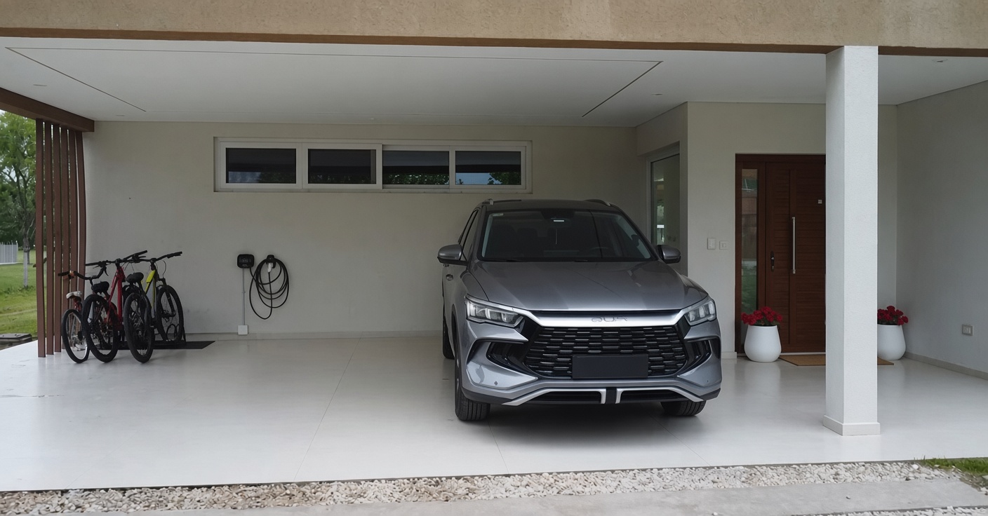 Uno de los dos BYD del hogar junto al cargador domiciliario que disparó el consumo un 84% en un mes. La respuesta fue simple: generar con el sol la energía que los autos necesitan.