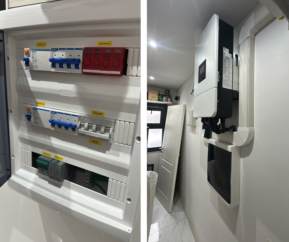 Tablero de protecciones con descargadores atmosféricos, ramales solar y red identificados, e inversor Deye trifásico en interior. Instalación que se audita sola.